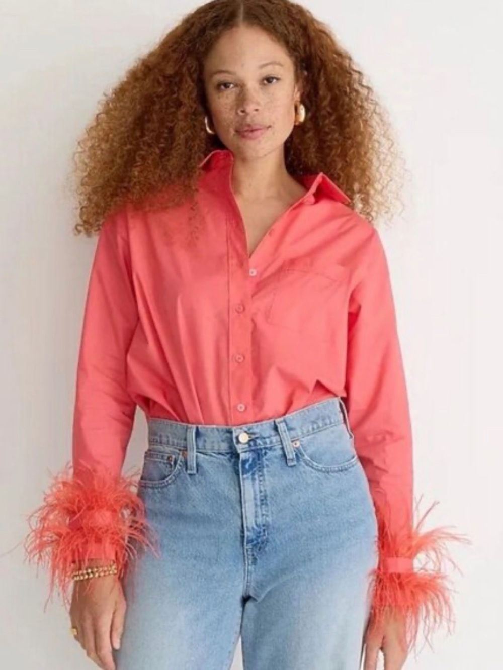 J. Crew Collection Coral-Red Feather Cuff Button-Down Shirt 8